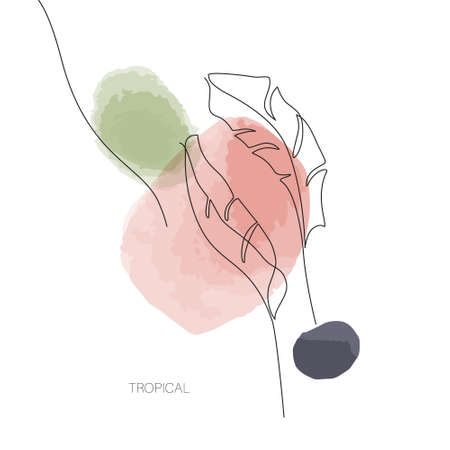 Abstract minimal tropical leaves in one line drawing, watercolor shapes. Modern vector illustration with continuous line art design. Simple botanical concept for covers, posters, templates, printsのイラスト素材