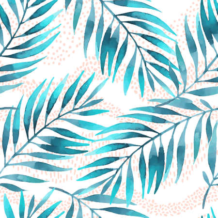 Horizontal curly waves, minimal polka dot doodle, palm leaves seamless pattern. Tropical vector illustration for minimalist print, cover, fabric, scrapbooking wallpaper, birthday card backgroundのイラスト素材