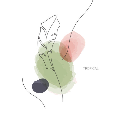 Abstract minimal tropical leaves in one line drawing, watercolor shapes. Modern vector illustration with continuous line art design. Simple botanical concept for covers, posters, templates, printsのイラスト素材