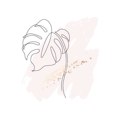 Minimal botanical art concept. Tropical monstera leaf silhouette in line art on pastel pink stain and golden brush strokes background. Vector design. Hand drawn line art botany illustrationのイラスト素材