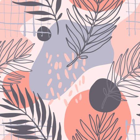 Abstract minimal background. Modern seamless pattern: one line art palm leaves silhouettes, geometric shapes, doodle texture. Hand drawn vector art illustration for summer design, boho, hipster fabricのイラスト素材