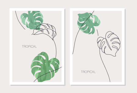 Abstract minimal monstera leaves posters set in one line drawing, watercolor style. Modern vector illustration with continuous line art design. Simple botanical concept for covers, templates, printsのイラスト素材