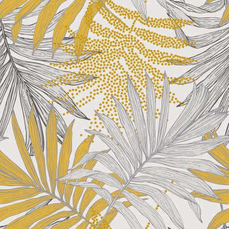 Tropical seamless pattern with dotted sketch palm leaves silhouettes. Jungle stipple vector art. Luxury halftone and line art. Exotic background for summer design, swimwear, t-shirt, fabric, wallpaperのイラスト素材