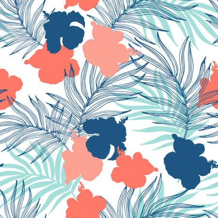 Beautiful hibiscus flowers and palm leaves on the pastel colored background. Tropical jungle vector seamless pattern. Tropic paradise illustration for summer design, beach swimwear textile, fabric.のイラスト素材