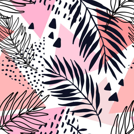 Abstract summer seamless pattern. Floral and geometric background with triangles, palm leaves, doodle, minimal texture, 80s 90s shapes, pop art, memphis elements. Hand drawn natural illustrationのイラスト素材