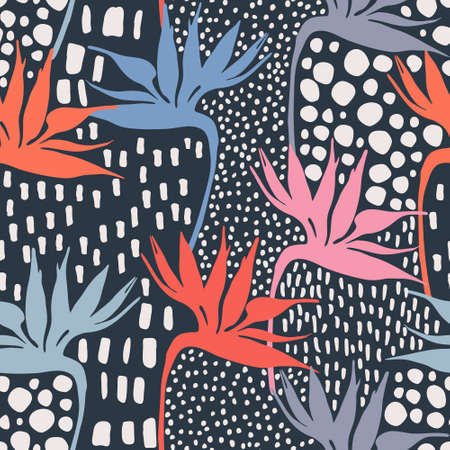 Abstract seamless pattern with abstract doodle texture, colorful tropical flowers silhouette. Contemporary hawaiian collage. Modern vector illustration for fabric, wrapping texture, textile, wallpaperのイラスト素材