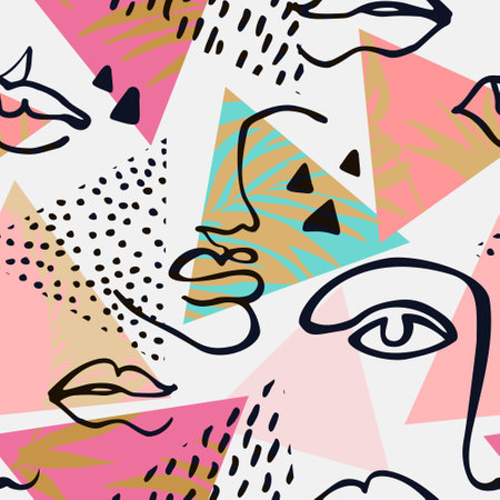 Modern continuous line art faces, triangles, palm leaves seamless pattern. Hand drawn geometric portraits illustration in memphis style for fashion design, printing, textile, fabric, wallpaper. Vectorのイラスト素材