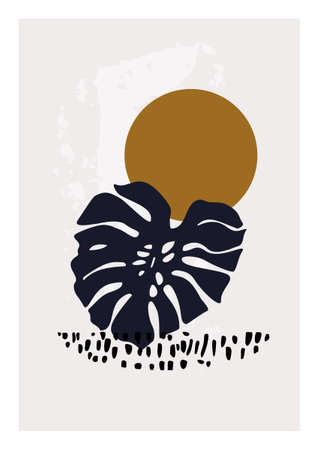 Hand drawn art in modern minimal style. Modern vector illustration with tropical palm leaf, doodle textures, minimal elements for minimalist print, cover, boho home decor, wallpaper designのイラスト素材