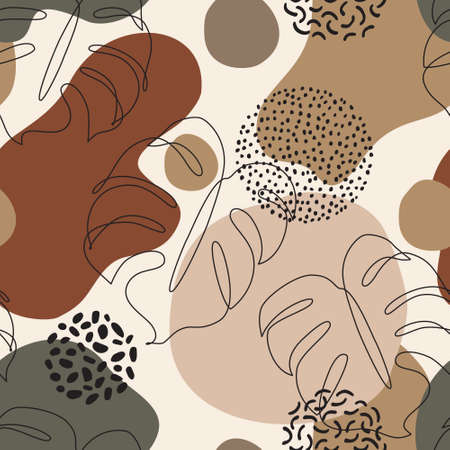Abstract minimal background. Modern seamless pattern: one line art monstera leaves silhouettes, geometric shapes. Vector art. Hand drawn illustration for summer design, boho, hipster fabric, wallpaperのイラスト素材