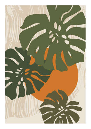 Abstract monstera leaves plant poster. Modern tropical leaf with doodle texture, minimal elements background. Natural vector illustration for minimalist print, cover, boho home decor, wallpaper designのイラスト素材