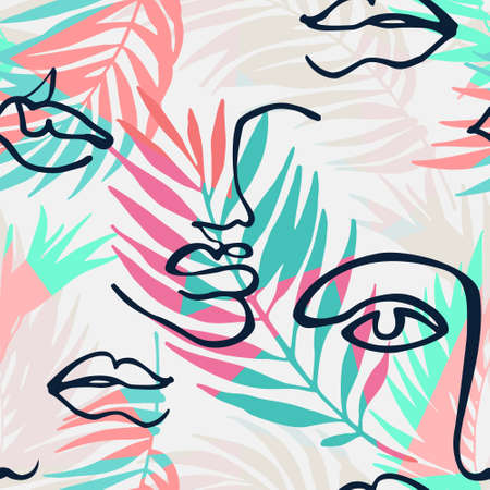 Modern continuous line art faces, triangles, palm leaves seamless pattern. Hand drawn geometric...