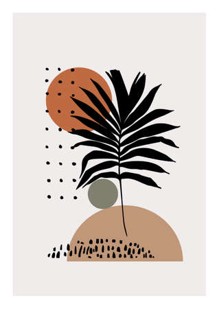 Hand drawn art in modern minimal style. Modern vector illustration with tropical palm leaf, doodle textures, minimal elements for minimalist print, cover, boho home decor, wallpaper designのイラスト素材