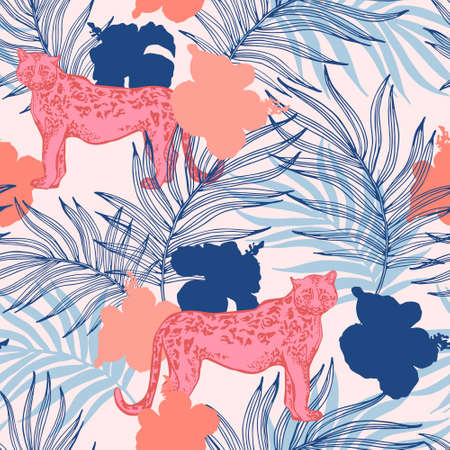 Beautiful tropical print with palm leaves, hibiscus, leopard. Animals, flowers, leaves seamless pattern. Exotic jungle wallpaper for summer design, beach swimwear textile, fabric. Vector backgroundのイラスト素材