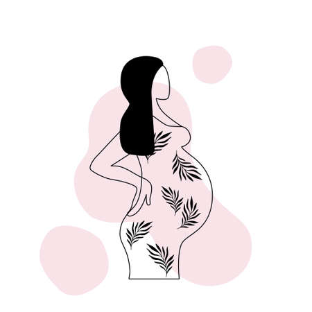 Abstract beautiful pregnant woman in minimal modern one line art style. Pregnant woman silhouette sideways on geometric background. Motherhood, maternity and pregnancy concept. Vector illustrationのイラスト素材