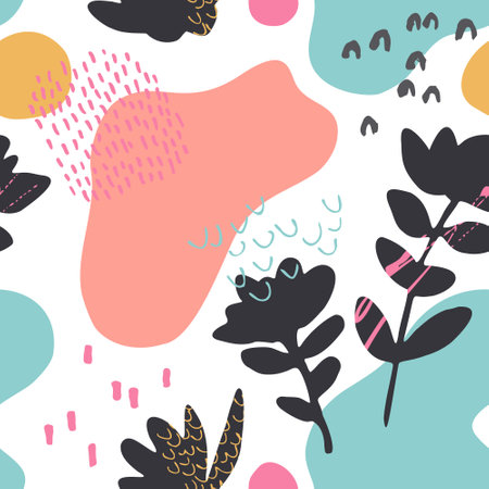 Grunge textured organic shapes and cut out flowers seamless pattern. Vector background with florals silhouettes, abstract geometric shapes. Hand drawn illustration for summer design, prints, wallpaperのイラスト素材