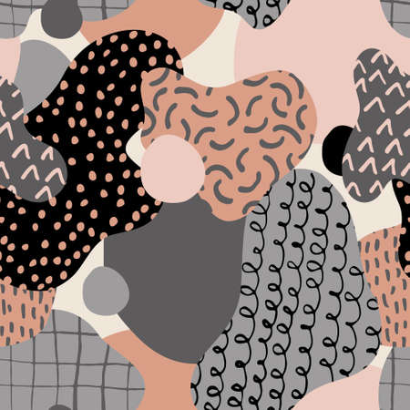 Abstract simple fluid geometric elements seamless pattern. Hand drawn curved shapes, doodle texture...