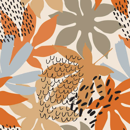 Tropic leaves and doodles summer seamless pattern. Modern floral background in natural colors for textile, fabric, prints, wallpaper, swimwear, t-shirt design. Exotic leaf vector art illustrationのイラスト素材