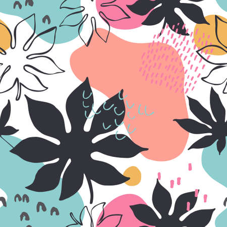 Abstract tropic foliage seamless pattern: leaves silhouettes and line art, organic geometric shapes in minimal style. Vector for print, textile, fabric, wallpaper design, summer backgroundのイラスト素材