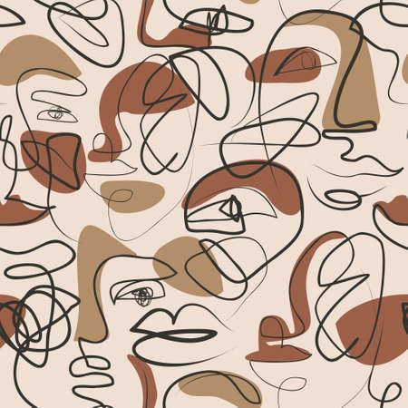Abstract woman portrait scribbles seamless pattern. Modern female face, eyes, lips in one line drawing on doodle background. Contemporary vector illustration for fashion design, urban street wallpaperのイラスト素材