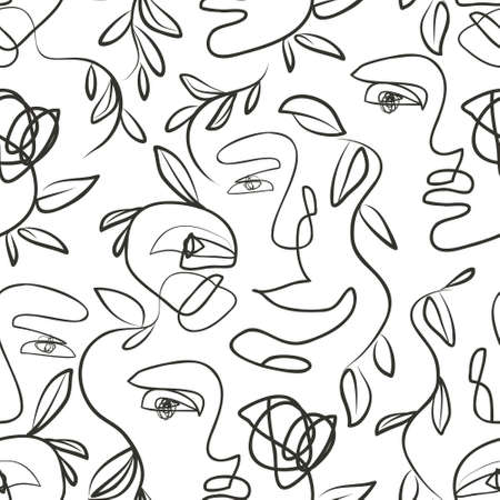 Minimal human face drawing, scribbles, abstract leaves seamless pattern. Contemporary continuous line face art background for fabric, textile, wall decor prints design in modern styleのイラスト素材