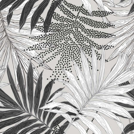 Tropical seamless pattern: dotted sketch palm leaves silhouettes. Jungle vector art. Luxury halftone and line art in monochrome. Exotic background for summer design, beach swimwear, fabric, wallpaperのイラスト素材
