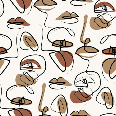 Abstract woman portrait scribbles seamless pattern. Modern female face, eyes, lips in one line drawing on doodle background. Contemporary vector illustration for fashion design, urban street wallpaperのイラスト素材