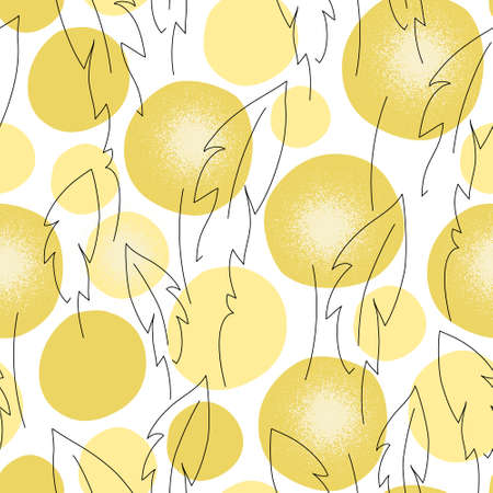 Modern abstract dandelion line art seamless pattern. Geometric flower with grunge texture and outline leaves wallpaper background. Vector printable art for summer design, fabric, notebook coverのイラスト素材