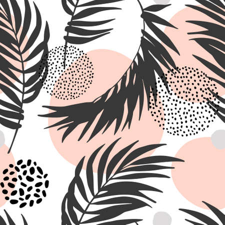 Abstract tropic foliage seamless pattern with black palm leaf silhouettes, geometric shapes in minimal memphis style. Vector for fashion design, printing, textile, fabric, wallpaper, summer backgroundのイラスト素材