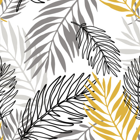 Lush tropics foliage background. Tropical seamless pattern: line sketch palm leaves silhouettes. Jungle vector art. Hand drawn exotic illustration for summer design, beach swimwear, fabric, wallpaperのイラスト素材