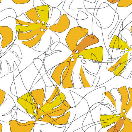 Abstract tropical leaves scribbles seamless pattern. Modern monstera leaf in one line drawing on doodle background. Contemporary vector illustration for fashion design, urban street wallpaperのイラスト素材