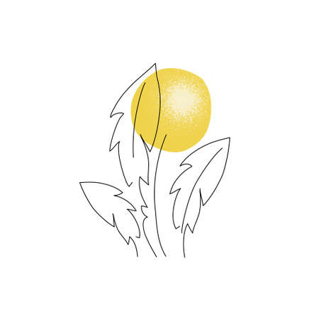 Modern abstract dandelion line art. Geometric flower with grunge texture and outline leaves isolated on white background. Vector printable art for t-shirt, pillow design, fabric, notebook coverのイラスト素材