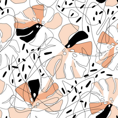 Abstract tropical leaves scribbles seamless pattern. Modern monstera leaf in one line drawing on dots doodle background. Contemporary vector illustration for fashion design, urban street wallpaperのイラスト素材