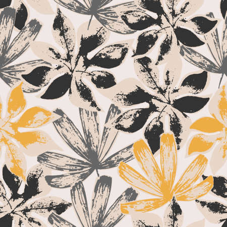 Modern illustration with tropical leaves, rough grunge textures. Creative seamless pattern. Beautiful abstract tropics grunge leaves background. Vector art for summer design, botanical fabric, textileのイラスト素材