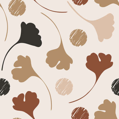 Abstract autumn foliage seamless pattern with natural leaf silhouettes, geometric shapes in minimal style. Vector fall art for fashion design, printing, textile, fabric, wallpaper, summer backgroundのイラスト素材