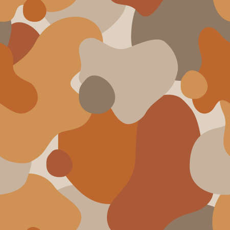 Abstract simple fluid geometric elements seamless pattern. Hand drawn curved shapes for trendy minimal, wabi sabi, cute cartoon design. Modern vector background in natural retro colorsのイラスト素材