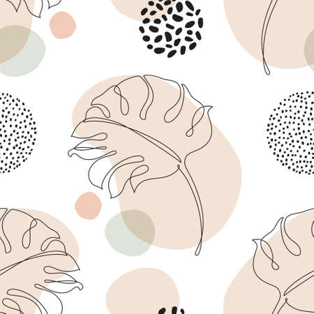 Minimal botanical seamless pattern. Tropical monstera leaf silhouette in line art on doodle geometric shapes background. Simple vector design. Hand drawn line art botany illustrationのイラスト素材