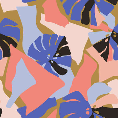 Abstract seamless pattern with abstract paper cut out, tropical leaves. Contemporary hawaiian...