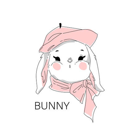 Cute bunny illustration. French styled rabbit wearing beret, striped t-shirt and bow isolated on white background. Hand drawn cartoon character for t shirt, nursery print design. Vector artのイラスト素材