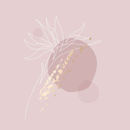 Abstract one line art tropical flower. Strelitzia contour drawing. Minimal continuous line art flower on geometric shapes, paint splatters, drips backgroud in pink rose blush colors. Vector artのイラスト素材
