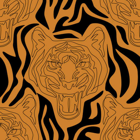 Tiger head line drawing minimal elements seamless pattern. Tiger mouth open roaring outline on skin print stripes background. Symbol of Chinese 2022 New Year. Modern collage vector illustrationのイラスト素材
