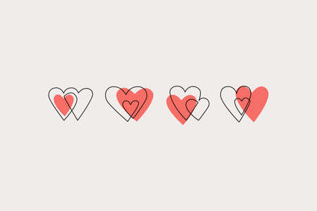 Abstract heart shape line drawing, silhouettes set. Continuous line art of hearts. Love symbol concept illustration. Continuous vector art collection for Saint Valentine's day card, wedding invitationのイラスト素材