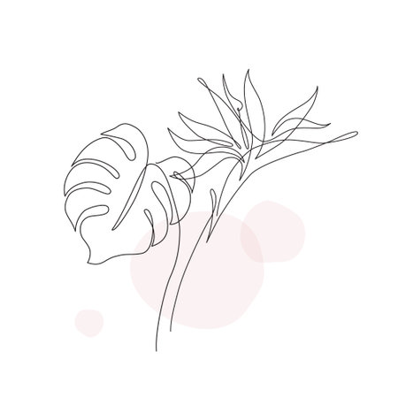 Abstract one line art tropical flower, monstera leaf. Strelitzia contour drawing. Minimal continuous line art flower, exotic leaf on geometric shapes backgroud. Vector art. Elegant line drawingのイラスト素材