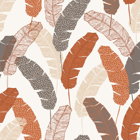 Jungle tropical leaves drawing seamless pattern. Abstract banana leaf line art, silhouette background. Creative tropics illustration for sweamwear, wallpaper, textile design. Botanical vector artのイラスト素材
