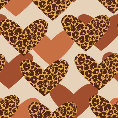 Abstract modern heart shape silhouette with skin print seamless pattern. Hand drawn leo fur hearts...
