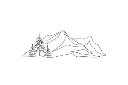Abstract mountain range and spruce landscape background. Simple line drawing of mountains and trees. Modern one line illustrationのイラスト素材