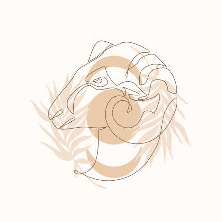 Astrological Aries zodiac sign one line drawing. Elegant astrology emblem, symbol outline, contour for mystic logo, calendar print in boho minimal style. Horoscope vector abstract artのイラスト素材