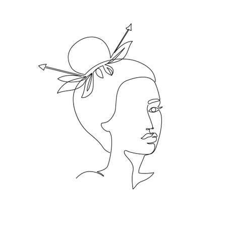 Sagittarius woman astrological sign. Beautiful girl in line art style. Fire sign. Modern zodiac vector illustration for horoscope calendar, alchemy, spiritualism, minimal boho, fashion design.のイラスト素材