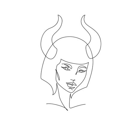 Taurus woman astrological sign. Beautiful girl in line art style. Earth sign. Modern zodiac vector illustration for horoscope calendar, alchemy, spiritualism, minimal boho, fashion design.のイラスト素材