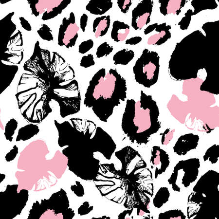 Abstract tropical floral seamless pattern with grunge monstera leaves, animal skin print. Creative background. Hand drawn vector art illustration for surface design, fabric, gift wrapping, wallpaperのイラスト素材