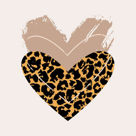 Abstract modern heart shapes silhouette with skin print, grunge texture template. Hand drawn rough leo fur hearts on beige background. Vector art illustration for love concept wallpaperのイラスト素材